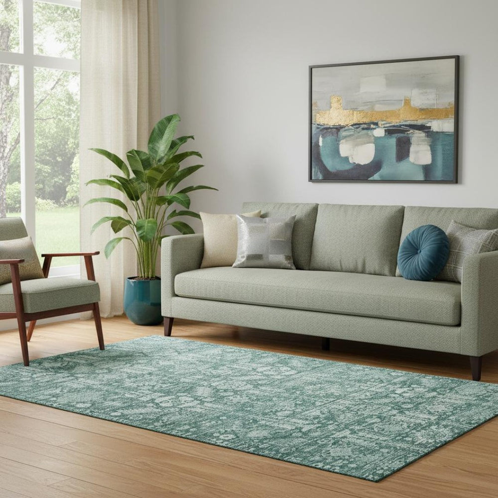 HomeRoots 5' X 8' Teal and Ivory Washable Oriental Area Rug with UV Protection for Durable Everyday Living 700867