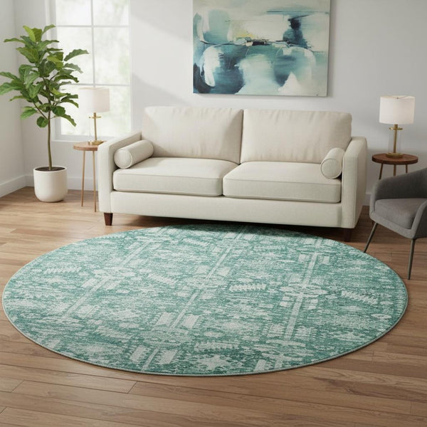 HomeRoots 8' Teal and Ivory Oriental Washable Round Rug - UV Protected, Stain Resistant, Non-Slip Backing 700868