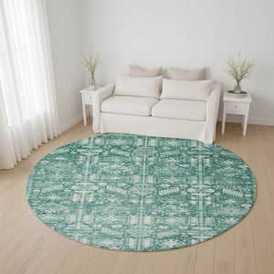 HomeRoots 8' Teal and Ivory Oriental Washable Round Rug - UV Protected, Stain Resistant, Non-Slip Backing 700868