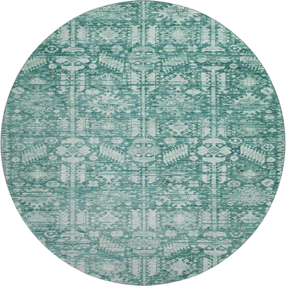 HomeRoots 8' Teal and Ivory Oriental Washable Round Rug - UV Protected, Stain Resistant, Non-Slip Backing 700868