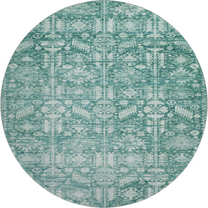 HomeRoots 8' Teal and Ivory Oriental Washable Round Rug - UV Protected, Stain Resistant, Non-Slip Backing 700868
