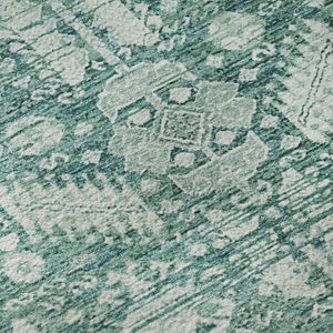 HomeRoots 8' Teal and Ivory Oriental Washable Round Rug - UV Protected, Stain Resistant, Non-Slip Backing 700868