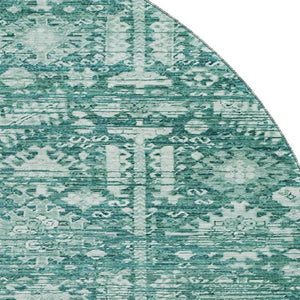 HomeRoots 8' Teal and Ivory Oriental Washable Round Rug - UV Protected, Stain Resistant, Non-Slip Backing 700868