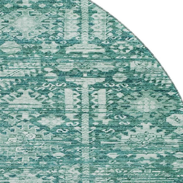 HomeRoots 8' Teal and Ivory Oriental Washable Round Rug - UV Protected, Stain Resistant, Non-Slip Backing 700868