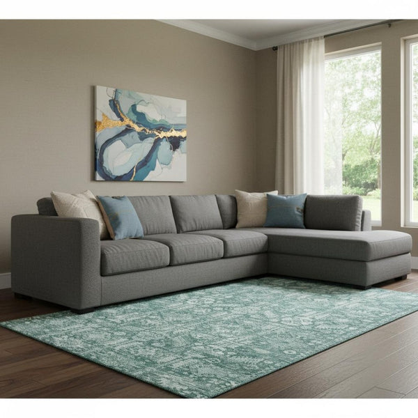 HomeRoots 8' X 10' Teal & Ivory Oriental Area Rug - Washable, UV-Protected, Stain-Resistant for High-Traffic Spaces 700869