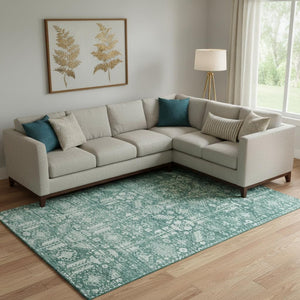 HomeRoots 9' X 12' Teal And Ivory Oriental Washable Area Rug - Stylish, Durable, Kid & Pet Friendly Design! 700870