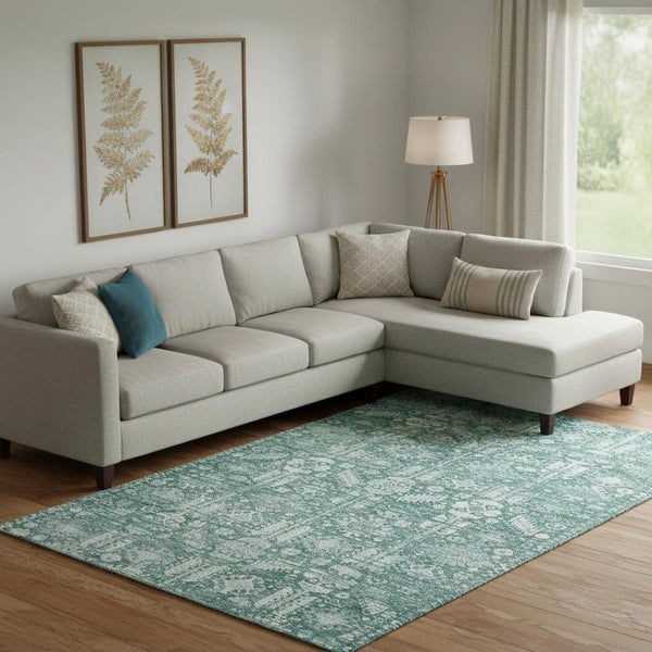HomeRoots 10' X 14' Teal and Ivory Oriental Area Rug - Durable, Stain-Resistant, UV Protected for Busy Homes 700871