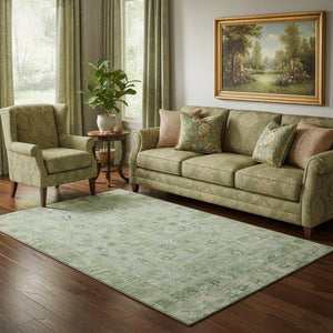 HomeRoots 5' Elegant Artichoke Green & Ivory Oriental Area Rug - Washable, UV-Protected, Durable Design! 700873