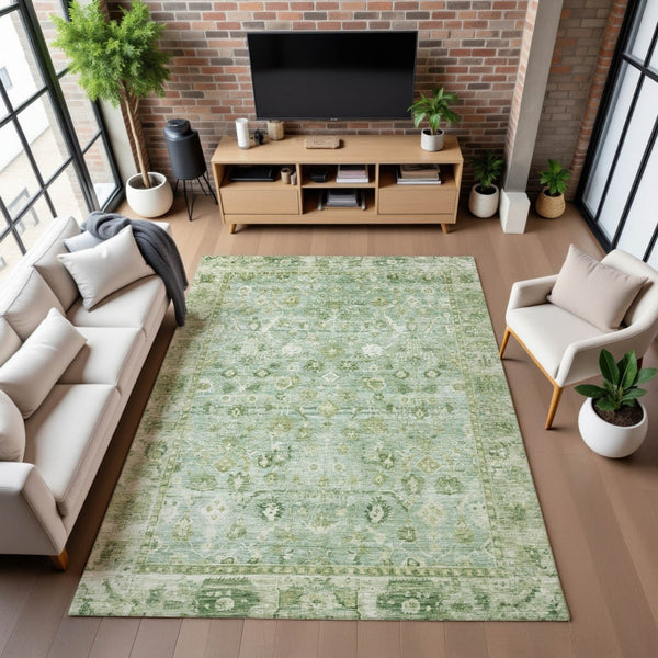 HomeRoots 5' Elegant Artichoke Green & Ivory Oriental Area Rug - Washable, UV-Protected, Durable Design! 700873