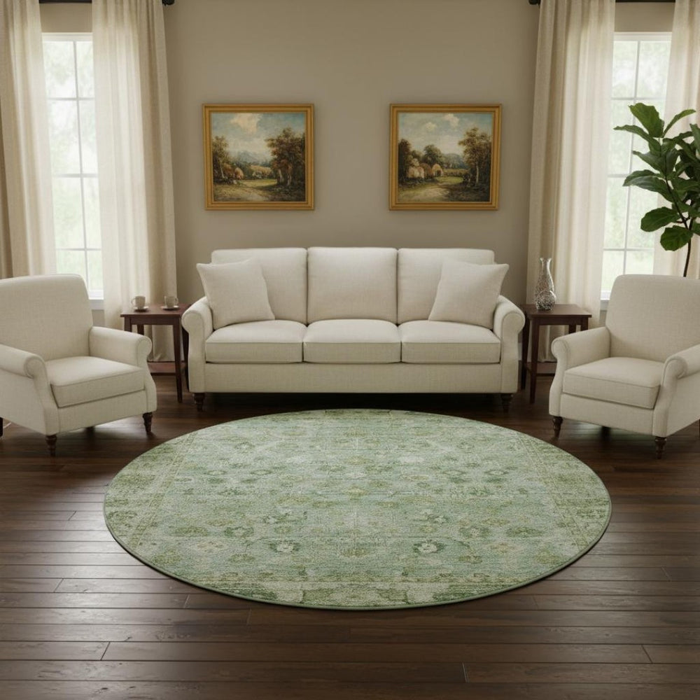 HomeRoots 8' Artichoke Green & Ivory Oriental Round Rug - Washable, UV Protected, Durable & Stylish Choice 700874
