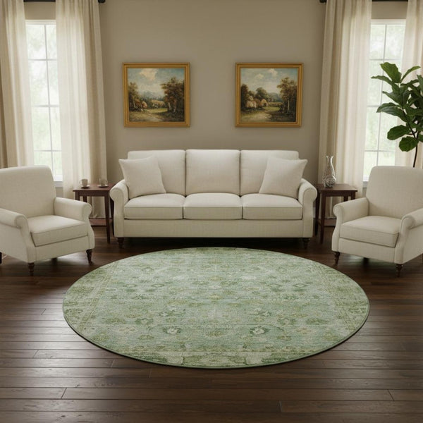 HomeRoots 8' Artichoke Green & Ivory Oriental Round Rug - Washable, UV Protected, Durable & Stylish Choice 700874