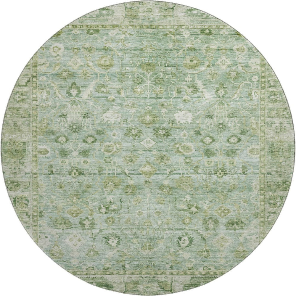 HomeRoots 8' Artichoke Green & Ivory Oriental Round Rug - Washable, UV Protected, Durable & Stylish Choice 700874