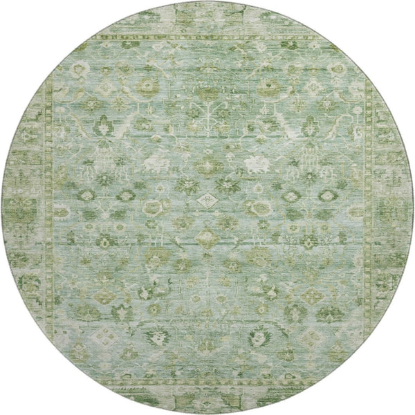 HomeRoots 8' Artichoke Green & Ivory Oriental Round Rug - Washable, UV Protected, Durable & Stylish Choice 700874