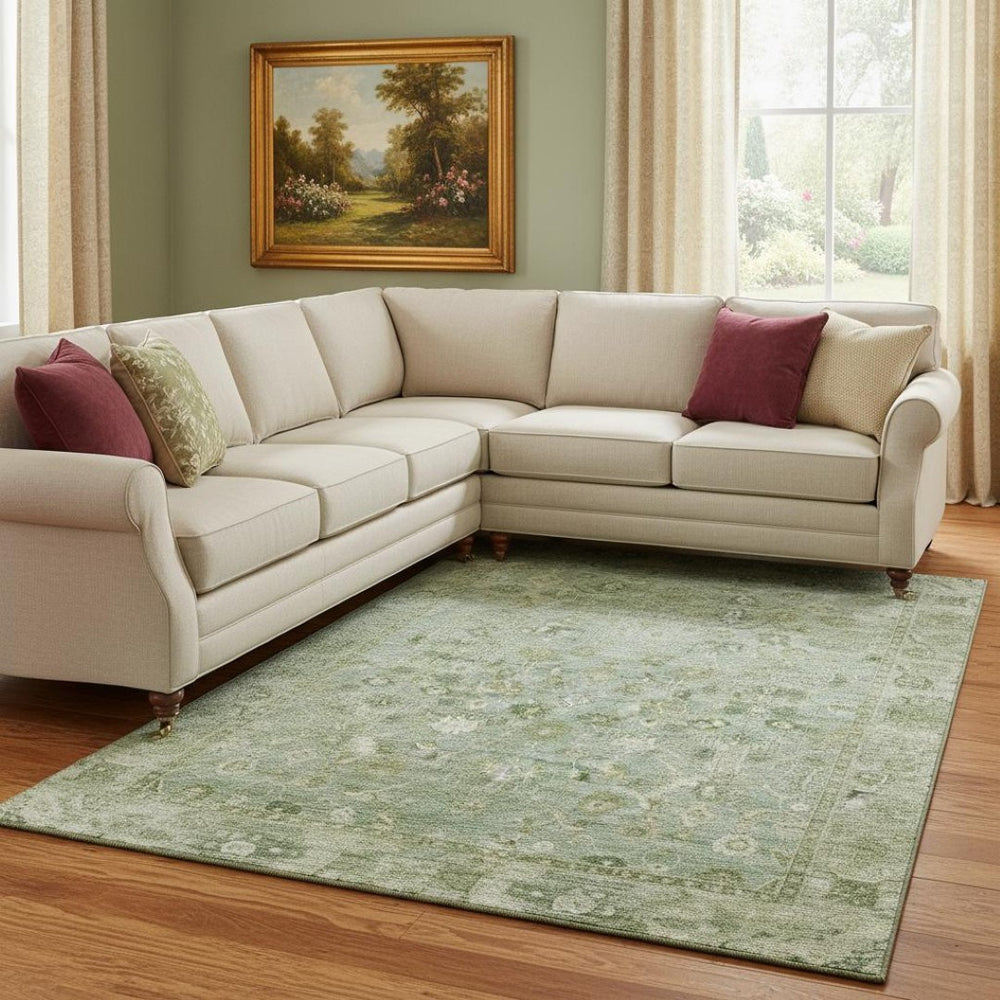 HomeRoots 8' X 10' Artichoke Green & Ivory Oriental Washable Area Rug with UV Protection for Kids & Pets 700875