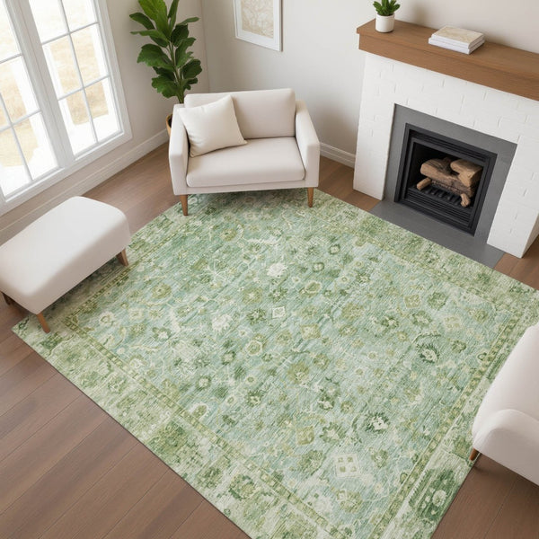 HomeRoots 8' X 10' Artichoke Green & Ivory Oriental Washable Area Rug with UV Protection for Kids & Pets 700875
