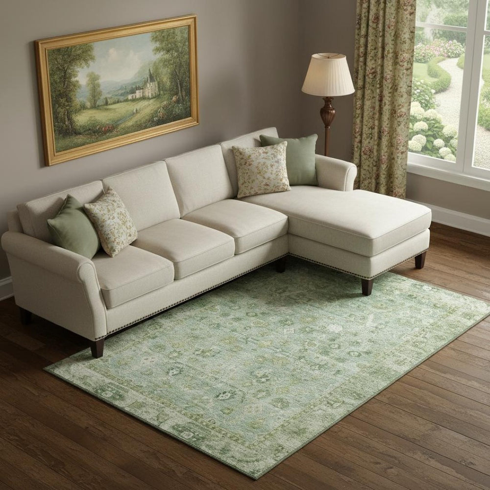 HomeRoots 9' Artichoke Green & Ivory Oriental Area Rug - Washable, UV Protected, Ideal for High-Traffic Spaces 700876