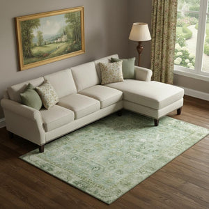 HomeRoots 9' Artichoke Green & Ivory Oriental Area Rug - Washable, UV Protected, Ideal for High-Traffic Spaces 700876