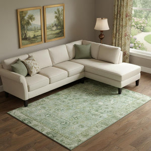HomeRoots 10' X 14' Artichoke Green & Ivory Oriental Washable Area Rug with UV & Stain Resistance for Homes 700877