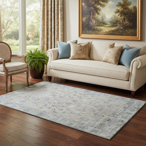 HomeRoots 5' X 8' Beige and Blue Oriental Area Rug – Stylish, Washable, UV-Protected with Stain Resistance! 700879