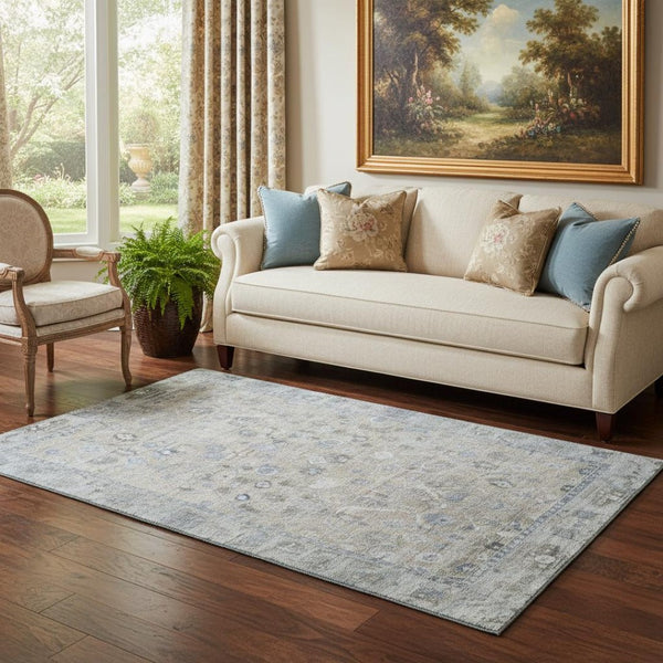 HomeRoots 5' X 8' Beige and Blue Oriental Area Rug – Stylish, Washable, UV-Protected with Stain Resistance! 700879