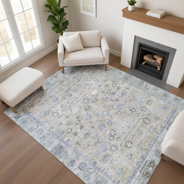 HomeRoots 5' X 8' Beige and Blue Oriental Area Rug – Stylish, Washable, UV-Protected with Stain Resistance! 700879