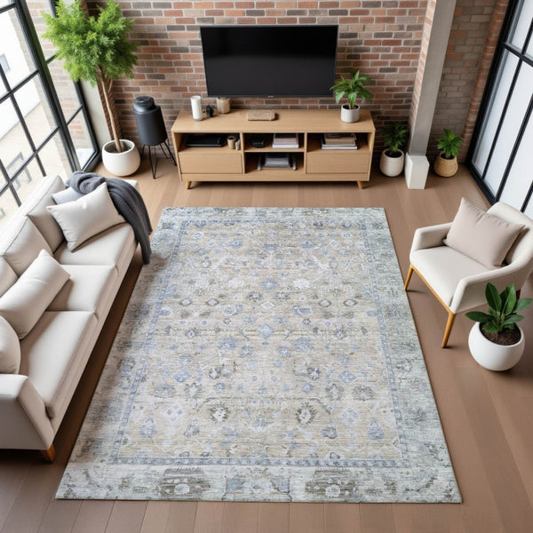 HomeRoots 5' X 8' Beige and Blue Oriental Area Rug – Stylish, Washable, UV-Protected with Stain Resistance! 700879