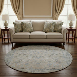 HomeRoots 8' Beige and Blue Oriental Washable Round Rug - Durable, Elegant, UV-Protected for High-Traffic Homes 700880