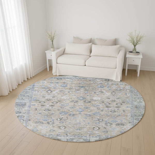 HomeRoots 8' Beige and Blue Oriental Washable Round Rug - Durable, Elegant, UV-Protected for High-Traffic Homes 700880