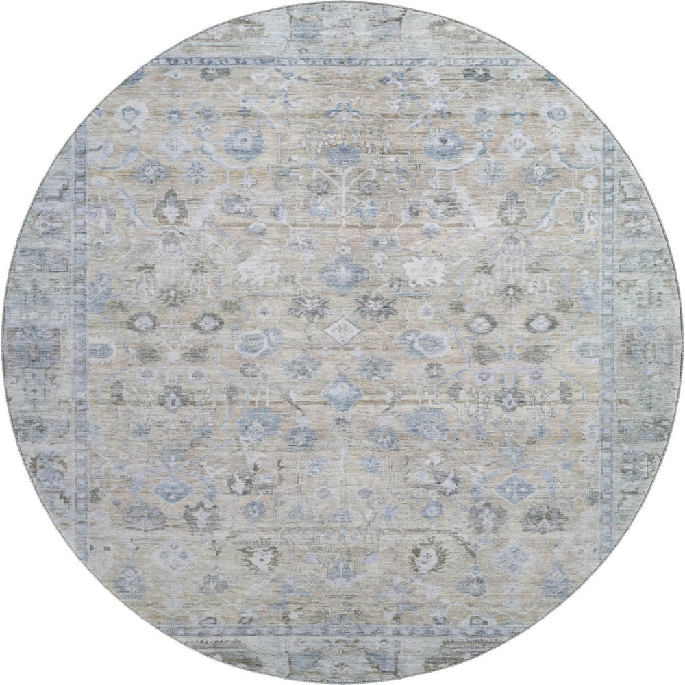 HomeRoots 8' Beige and Blue Oriental Washable Round Rug - Durable, Elegant, UV-Protected for High-Traffic Homes 700880