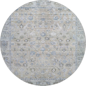 HomeRoots 8' Beige and Blue Oriental Washable Round Rug - Durable, Elegant, UV-Protected for High-Traffic Homes 700880