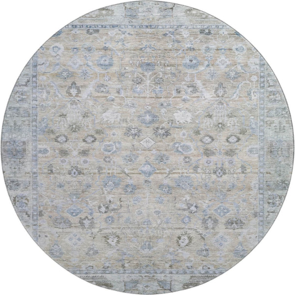 HomeRoots 8' Beige and Blue Oriental Washable Round Rug - Durable, Elegant, UV-Protected for High-Traffic Homes 700880