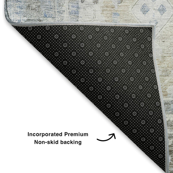 HomeRoots 8' Beige and Blue Oriental Washable Round Rug - Durable, Elegant, UV-Protected for High-Traffic Homes 700880