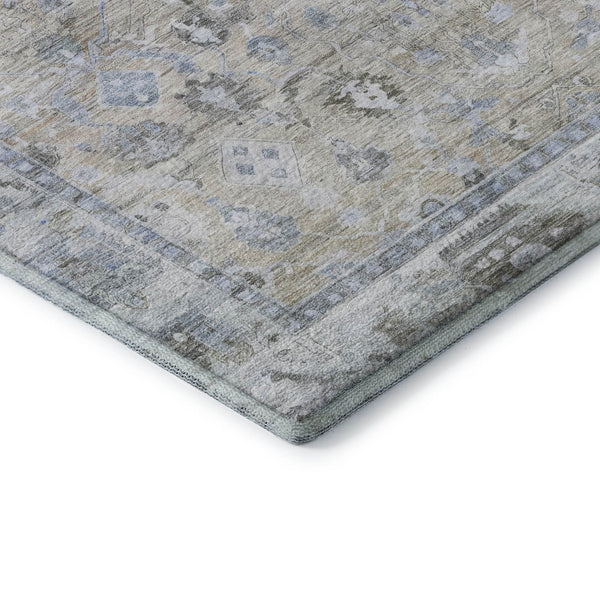 HomeRoots 8' Beige and Blue Oriental Washable Round Rug - Durable, Elegant, UV-Protected for High-Traffic Homes 700880