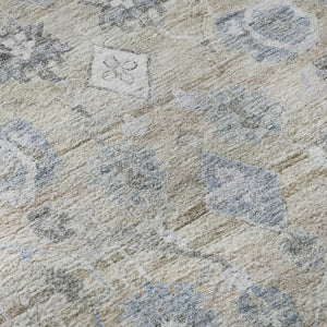 HomeRoots 8' Beige and Blue Oriental Washable Round Rug - Durable, Elegant, UV-Protected for High-Traffic Homes 700880