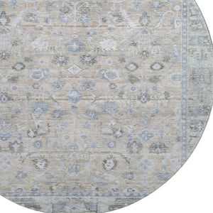 HomeRoots 8' Beige and Blue Oriental Washable Round Rug - Durable, Elegant, UV-Protected for High-Traffic Homes 700880