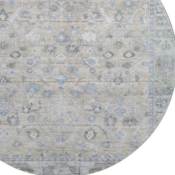 HomeRoots 8' Beige and Blue Oriental Washable Round Rug - Durable, Elegant, UV-Protected for High-Traffic Homes 700880