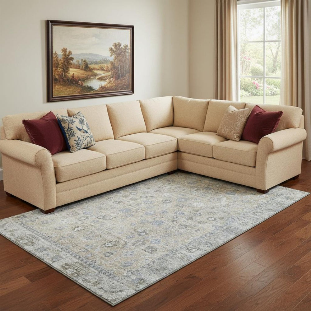 HomeRoots 8' X 10' Beige and Blue Oriental Area Rug – Washable, UV Protected, Durable Design for Any Space 700881