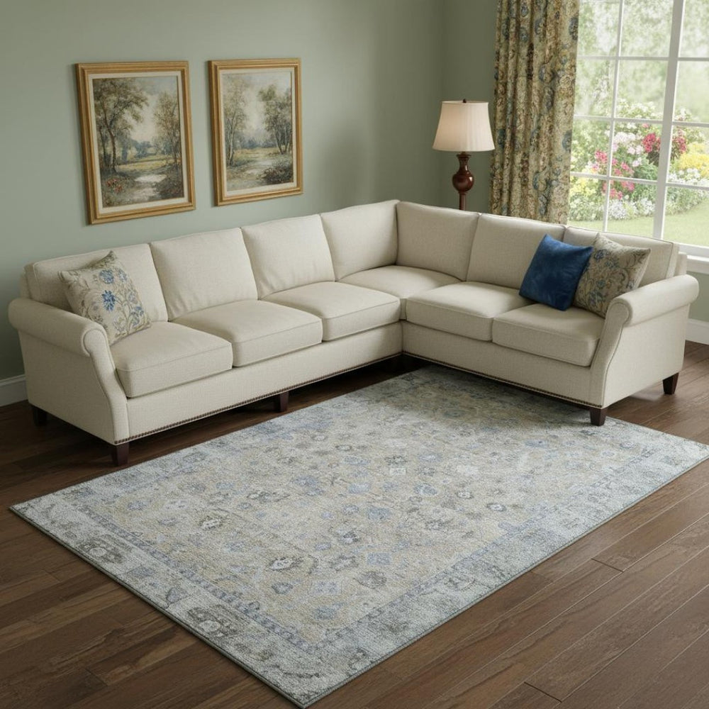 HomeRoots 9' X 12' Beige and Blue Oriental Washable Area Rug - Durable, UV-Protected, Stain-Resistant Design 700882