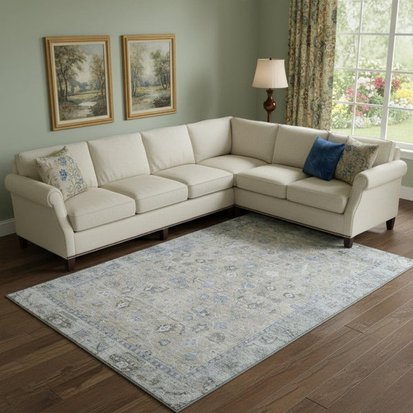 HomeRoots 9' X 12' Beige and Blue Oriental Washable Area Rug - Durable, UV-Protected, Stain-Resistant Design 700882