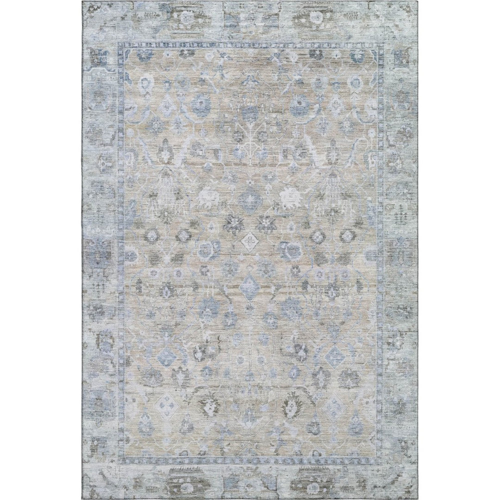 HomeRoots 9' X 12' Beige and Blue Oriental Washable Area Rug - Durable, UV-Protected, Stain-Resistant Design 700882