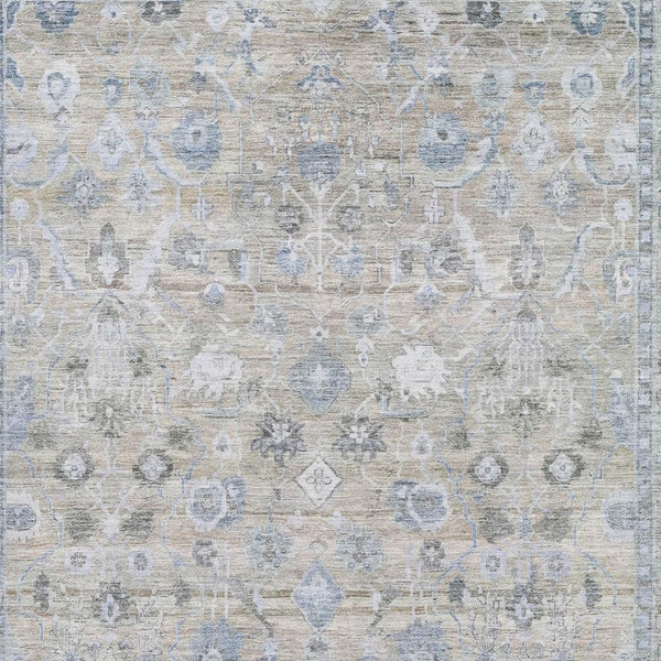 HomeRoots 9' X 12' Beige and Blue Oriental Washable Area Rug - Durable, UV-Protected, Stain-Resistant Design 700882
