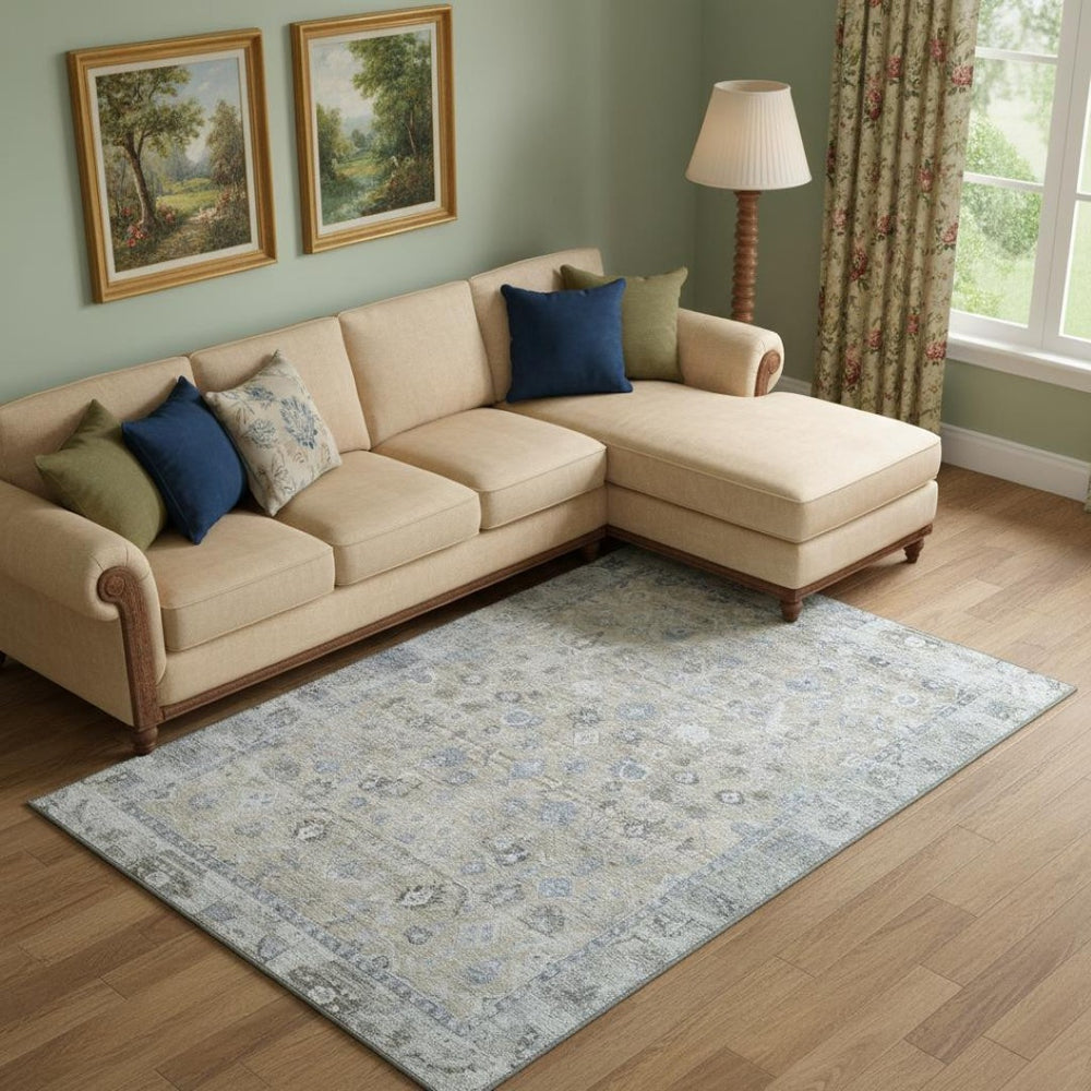 HomeRoots 10' X 14' Beige and Blue Oriental Area Rug - Washable, UV-Protected, Stain-Resistant Beauty for Homes 700883