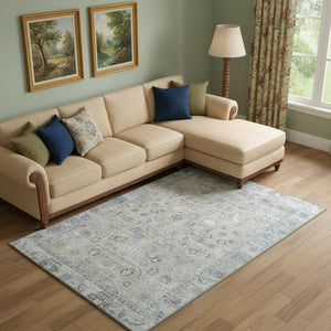 HomeRoots 10' X 14' Beige and Blue Oriental Area Rug - Washable, UV-Protected, Stain-Resistant Beauty for Homes 700883