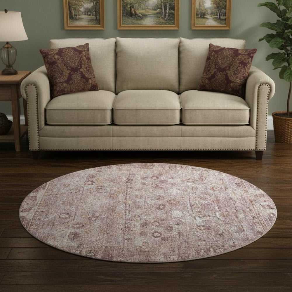 HomeRoots 8' Blush and Ivory Oriental Round Rug – Durable, Stain Resistant, UV Protected, Elegant Home Decor Piece 700886