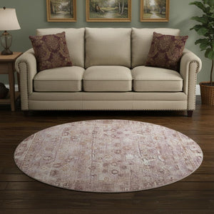 HomeRoots 8' Blush and Ivory Oriental Round Rug – Durable, Stain Resistant, UV Protected, Elegant Home Decor Piece 700886
