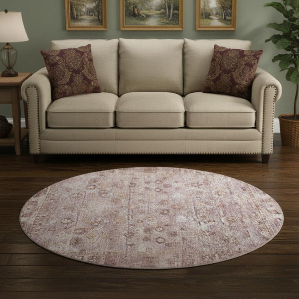 HomeRoots 8' Blush and Ivory Oriental Round Rug – Durable, Stain Resistant, UV Protected, Elegant Home Decor Piece 700886