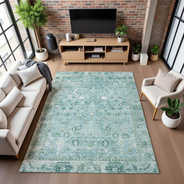HomeRoots 5' Blue and Ivory Oriental Area Rug – Washable, UV-Protected, Durable Design for Busy Households 700891