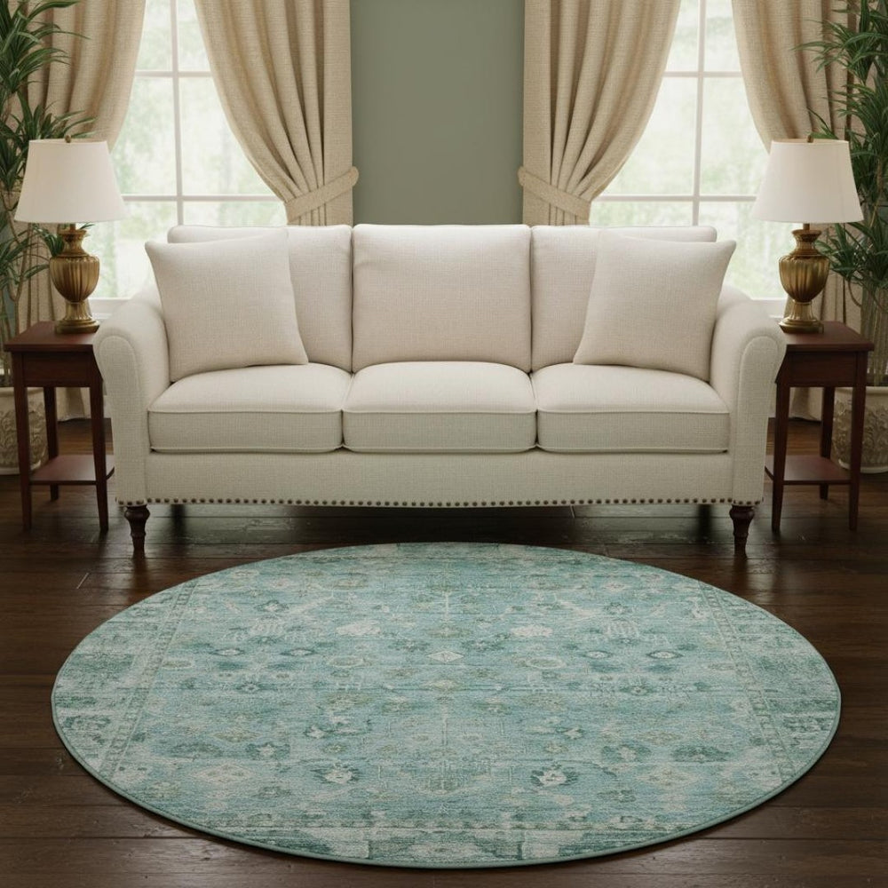 HomeRoots 8' Blue And Ivory Oriental Round Rug – Washable, UV-Protected, Soft Polyester for Family Spaces 700892