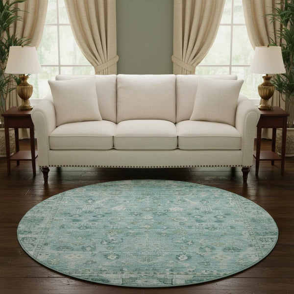 HomeRoots 8' Blue And Ivory Oriental Round Rug – Washable, UV-Protected, Soft Polyester for Family Spaces 700892
