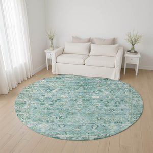 HomeRoots 8' Blue And Ivory Oriental Round Rug – Washable, UV-Protected, Soft Polyester for Family Spaces 700892